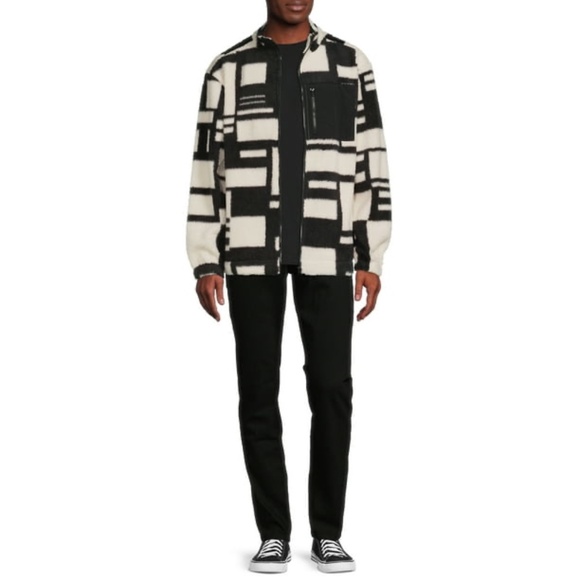 Men's Faux Sherpa fleece Sherling Trucker Jacket geometric streetwear Y2K 2XL - Picture 3 of 16